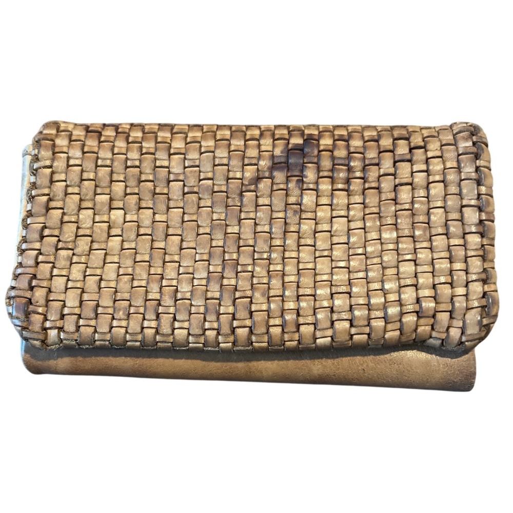 KANE - M  Woven Leather Clutch Wallet Tan Snap Closure‎ Card Slots Zip Pocket